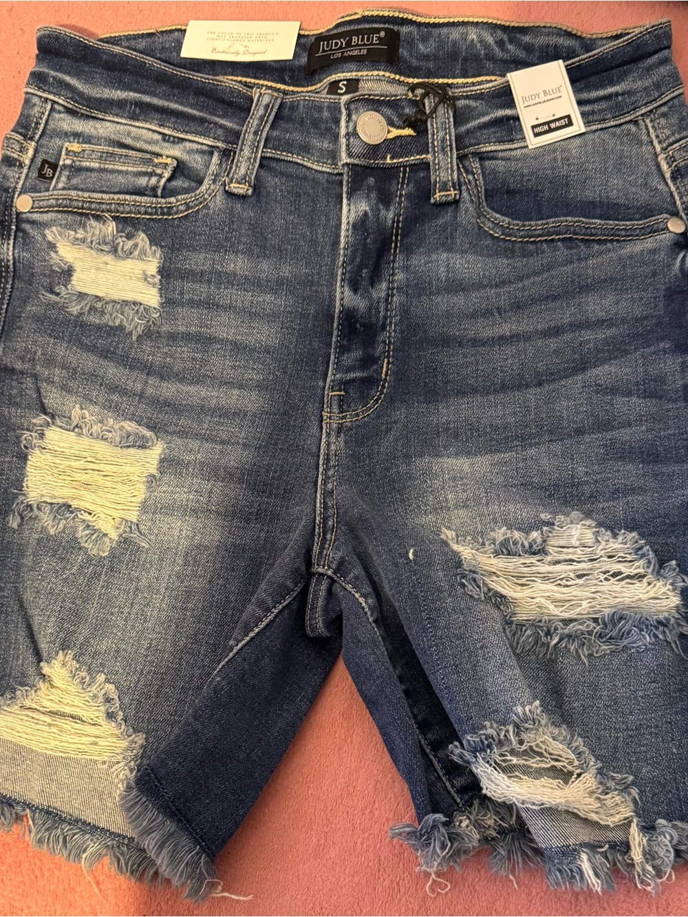 Judy Blue Medium Wash Distressed High Waist Cropped Denim Shorts - Blue